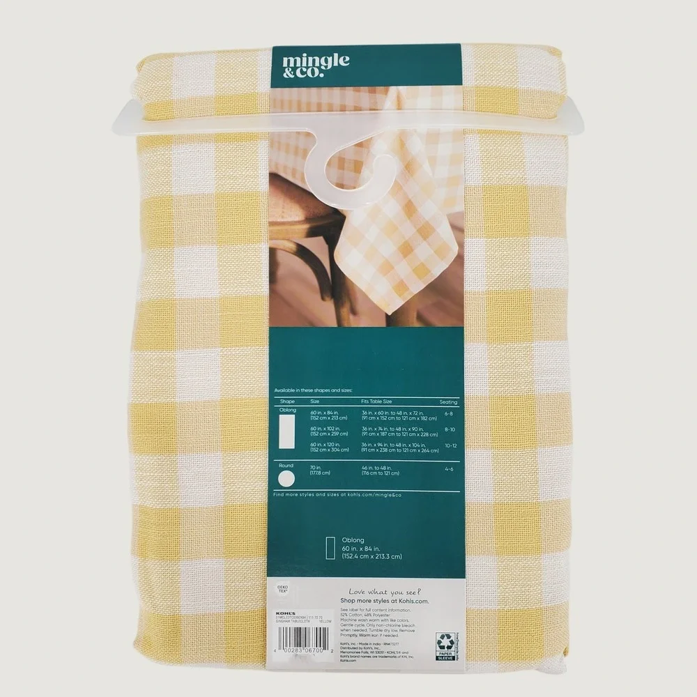 Mingle & Co Yellow Gingham Oblong Tablecloth 60x84 Farmhouse Cottagecore Spring